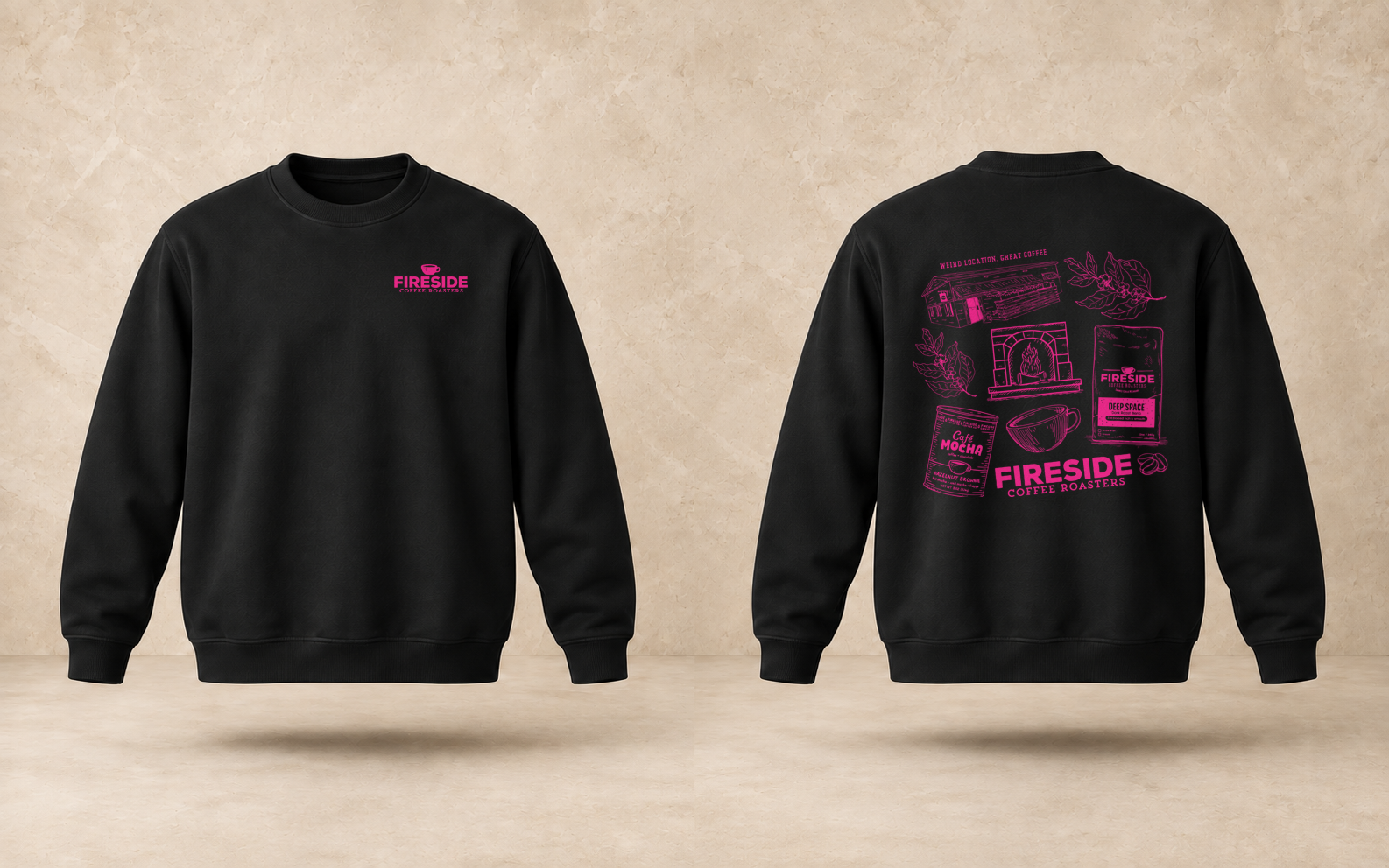 Fireside Coffee Co. 2025 holiday sweatshirt shown from the front and back