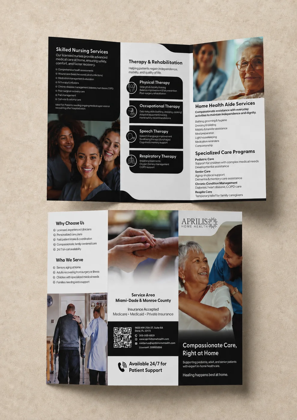 Home care brochure design with service information and photographs