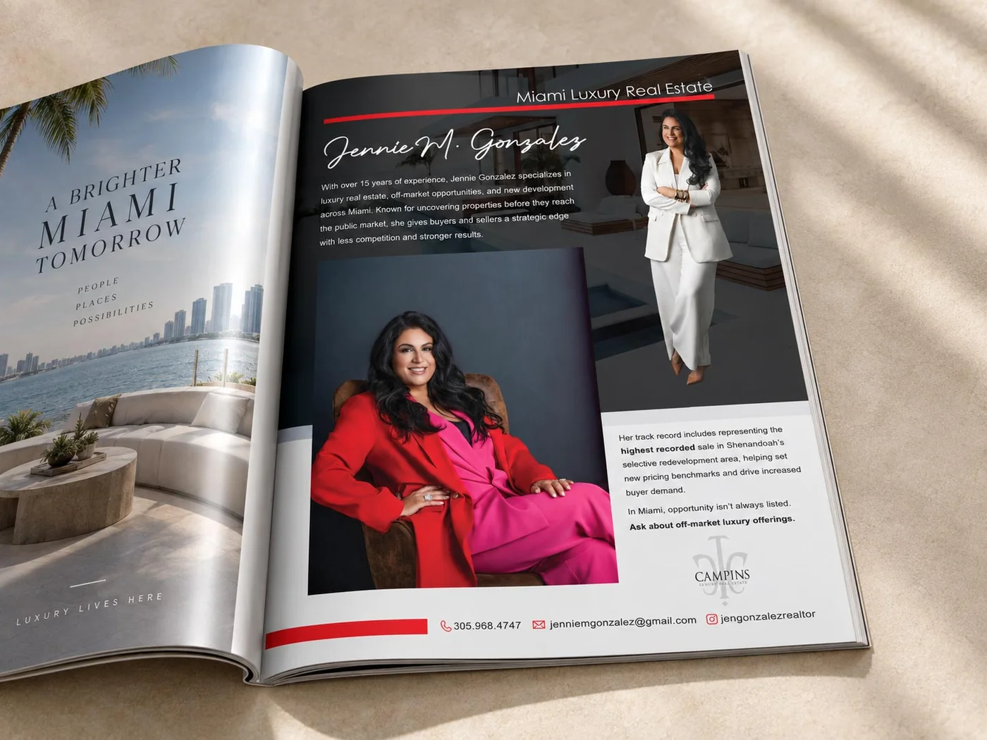Magazine advertisement design for Jennie M. Gonzalez