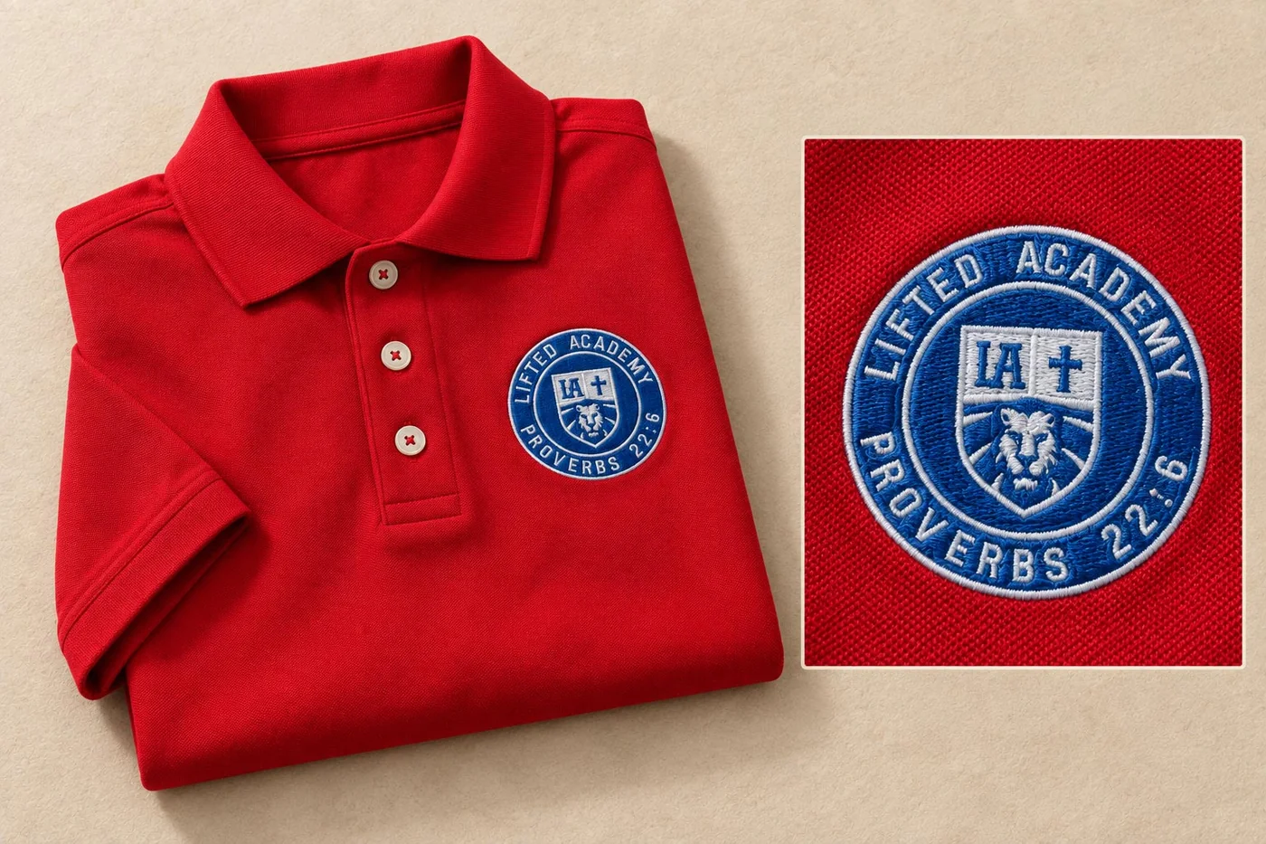 Lifted Academy red uniform polo with embroidered logo detail