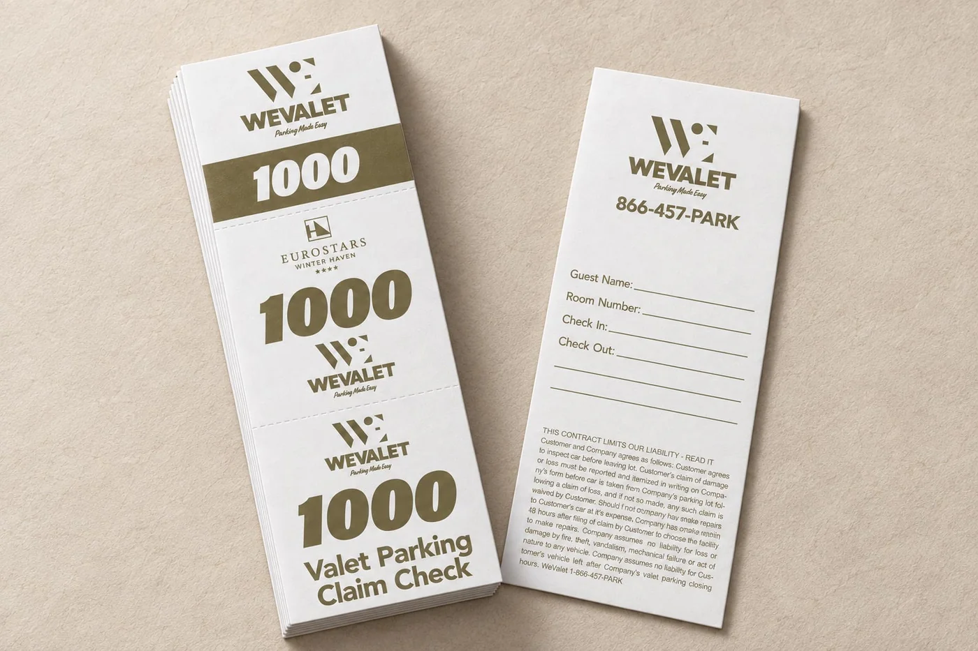 Custom WeValet claim tickets designed and printed by Blue Monster Graphics