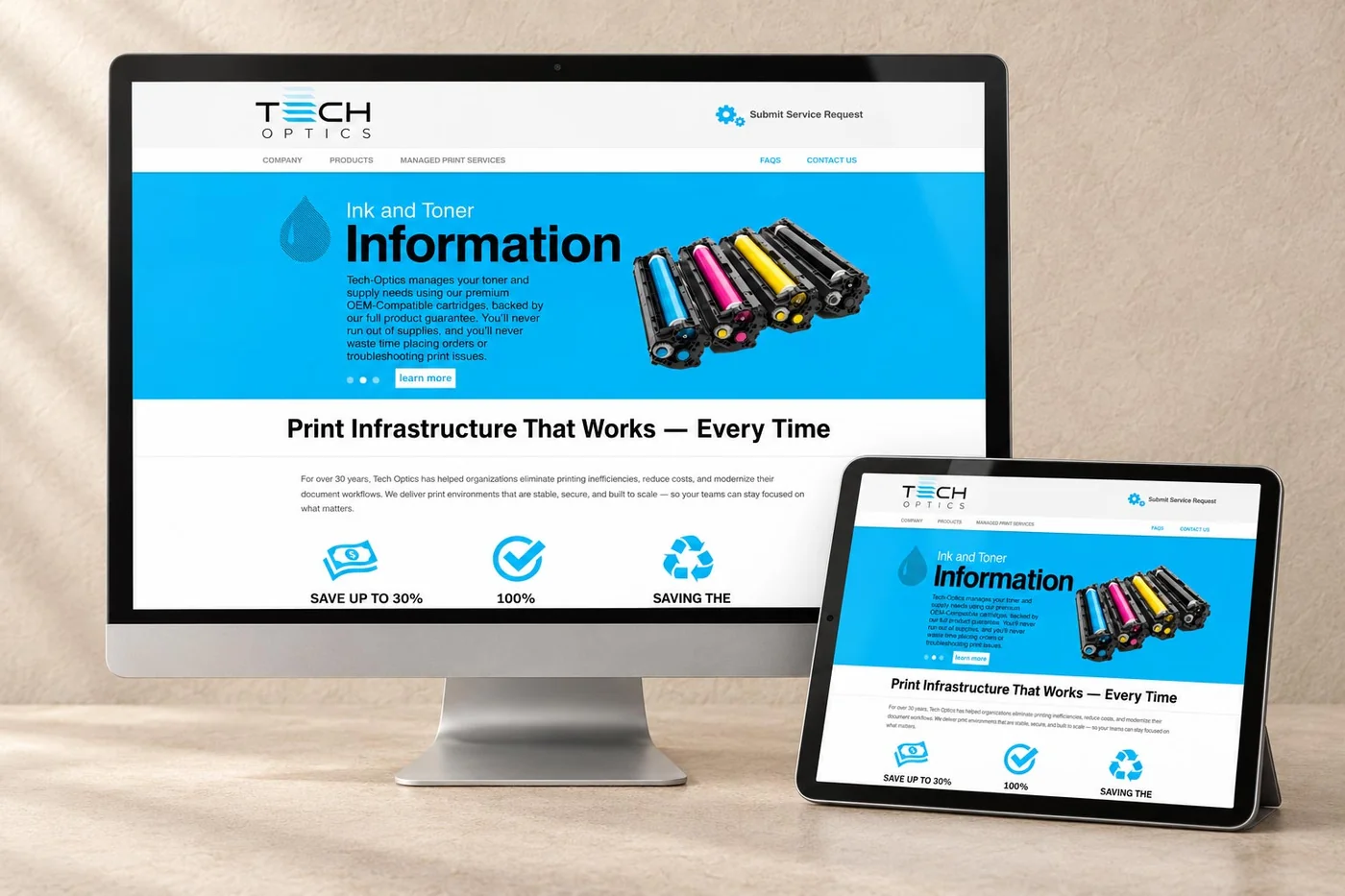 Tech-Optics website shown on a desktop monitor and tablet